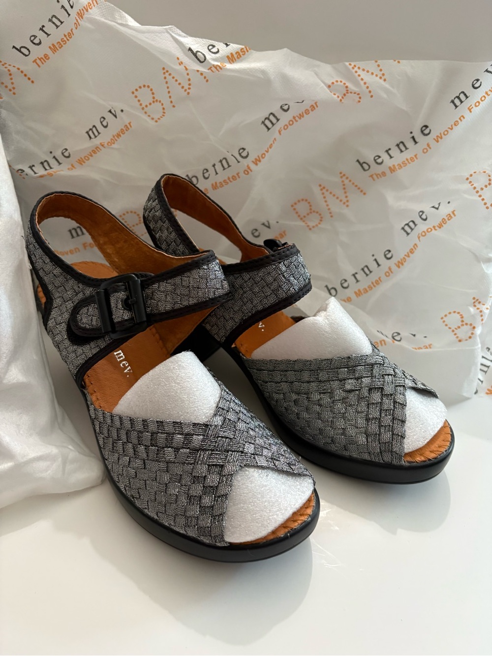 bernie mev. Silver Gray Woven Open-Toe Sandals with Adjustable Buckle